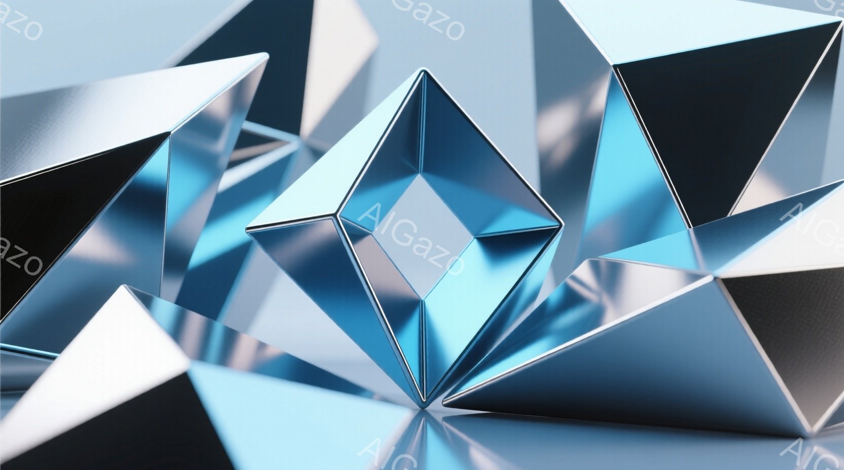 鮮やかな水色の多面体が互いに交差・重なり合い、未来的な彫刻のような構図を形成している。反射面が光を捉え、滑らかでクールな印象を与えるとともに、それぞれの面が異なる角度で光を反射し、複雑な光と影のパターンを生み出している。背景はぼんやりとした水色で、多面体の形状を際立たせ、全体的に洗練された、抽象的な雰囲気を作り出している。