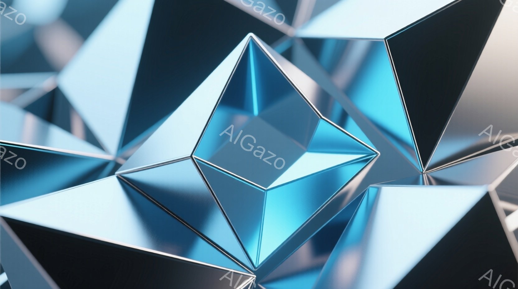 鮮やかな青と銀色の多面体が複雑に絡み合い、幾何学的な抽象空間を形成しています。光沢のある表面は、光を反射し、それぞれの面で異なる色合いを生み出しています。全体として、未来的で洗練された印象を与える、冷たい色調のイメージです。