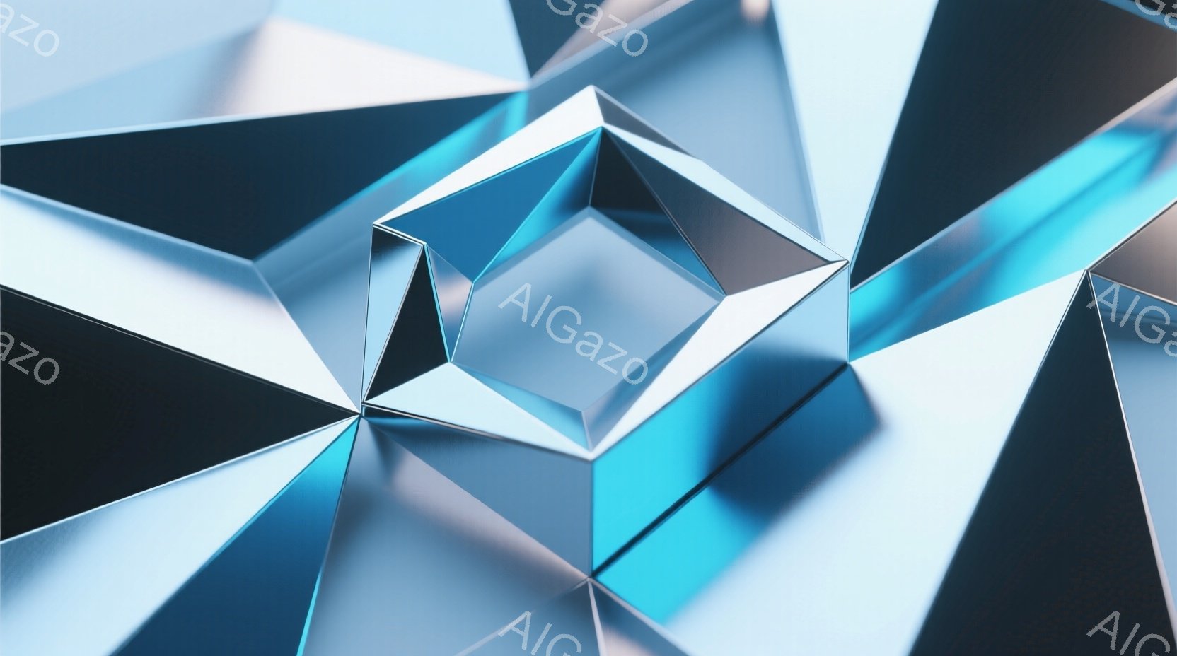 この画像は、互いに交差する幾何学的な多角形の抽象的な表現です。表面は金属的な光沢を持ち、青とグレーのグラデーションが美しいです。光の反射と影が複雑に絡み合い、未来的で冷たい印象を与えます。