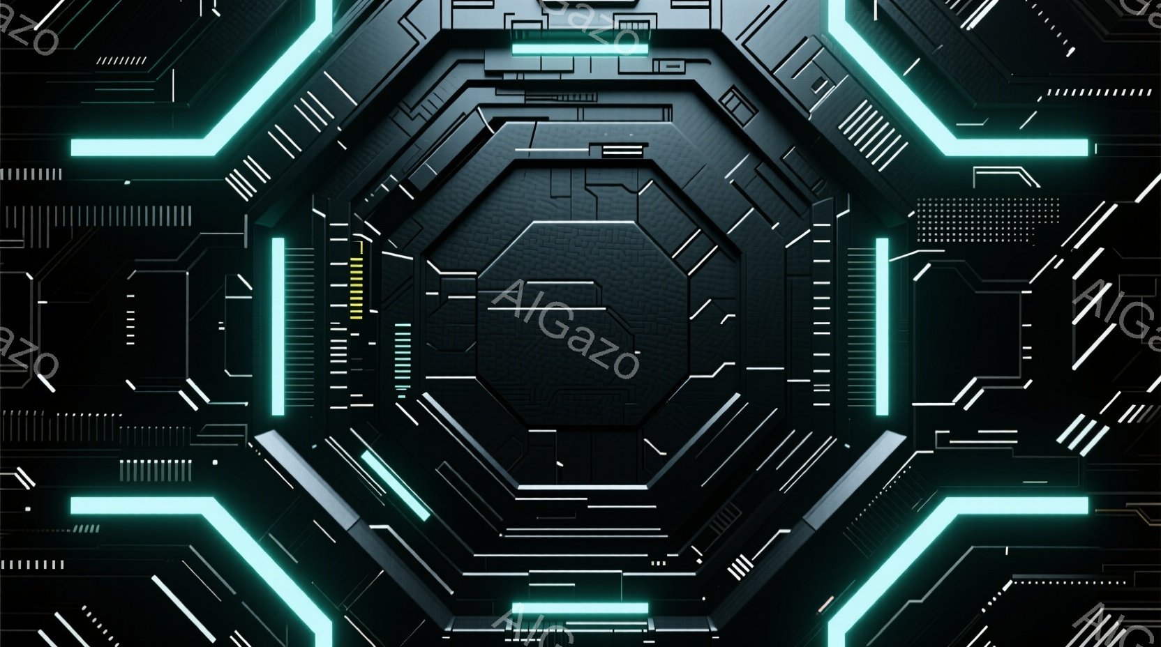 この画像は、暗い背景に浮かぶ複雑な回路図のようなデザインです。中心には黒い八角形があり、青緑色の光る線が放射状に広がり、技術的な未来感を醸し出しています。全体的にクールで、サイバーパンクやSFの世界観を連想させる雰囲気です。
