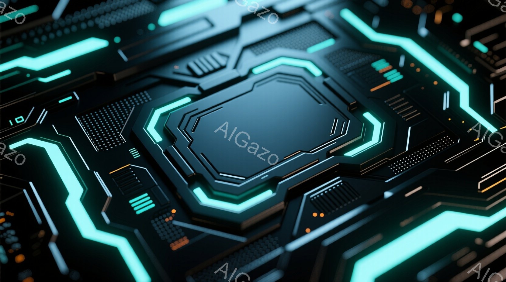 この画像は、未来的な回路基板のクローズアップです。鮮やかなターコイズブルーの発光ラインが、黒い基板上を複雑に走っており、オレンジ色の小さなライトがアクセントとして配置されています。全体的に、高度な技術とサイバーパンクの雰囲気を醸し出しています。