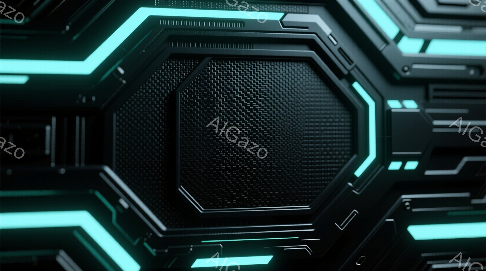 この画像は、未来的なインターフェースまたはパネルの一部の詳細を示しています。黒色の背景に、明るい青緑色の発光ラインが幾何学的なパターンで構成され、テクノロジーとサイバー空間の雰囲気を醸し出しています。 - AI生成フリー素材