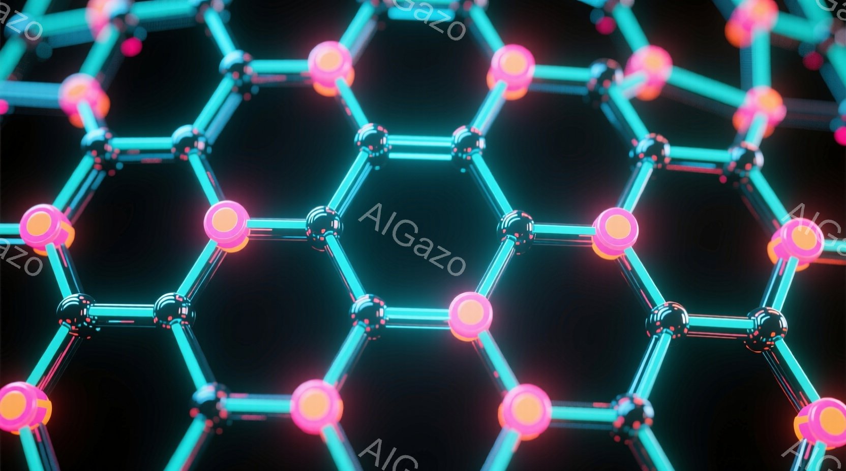 鮮やかなターコイズブルーとピンクの球体が網の目のように連結された構造が描かれています。球体と棒状の連結部分は光沢があり、暗い背景の中で発光しているように見えます。全体として、科学的で未来的な印象を与え - AI生成フリー素材