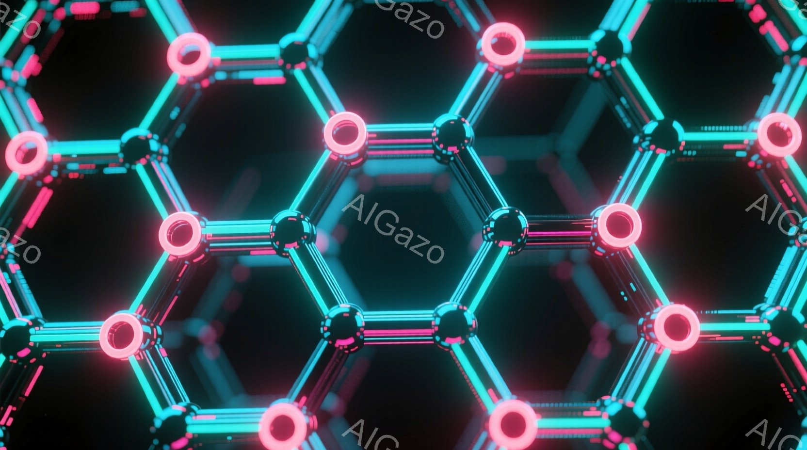 鮮やかなネオンピンクとターコイズブルーの光が、六角形のグリッド状の構造を形作っています。各六角形の頂点には球体が配置され、光を放っています。全体的に未来的な雰囲気で、デジタル回路やネットワークを想起さ - AI生成フリー素材