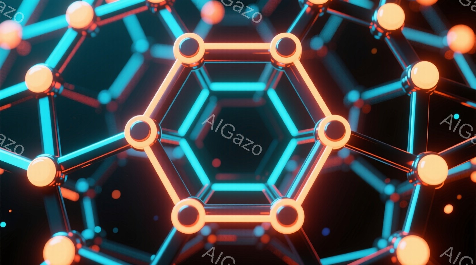 この画像は、複雑な分子構造の近接図で、明るいオレンジと青色の光る線と球体で構成されています。中央には鮮やかなオレンジ色の六角形が際立ち、背景にはぼやけた青色の線が網の目のように広がっています。全体的に - AI生成フリー素材