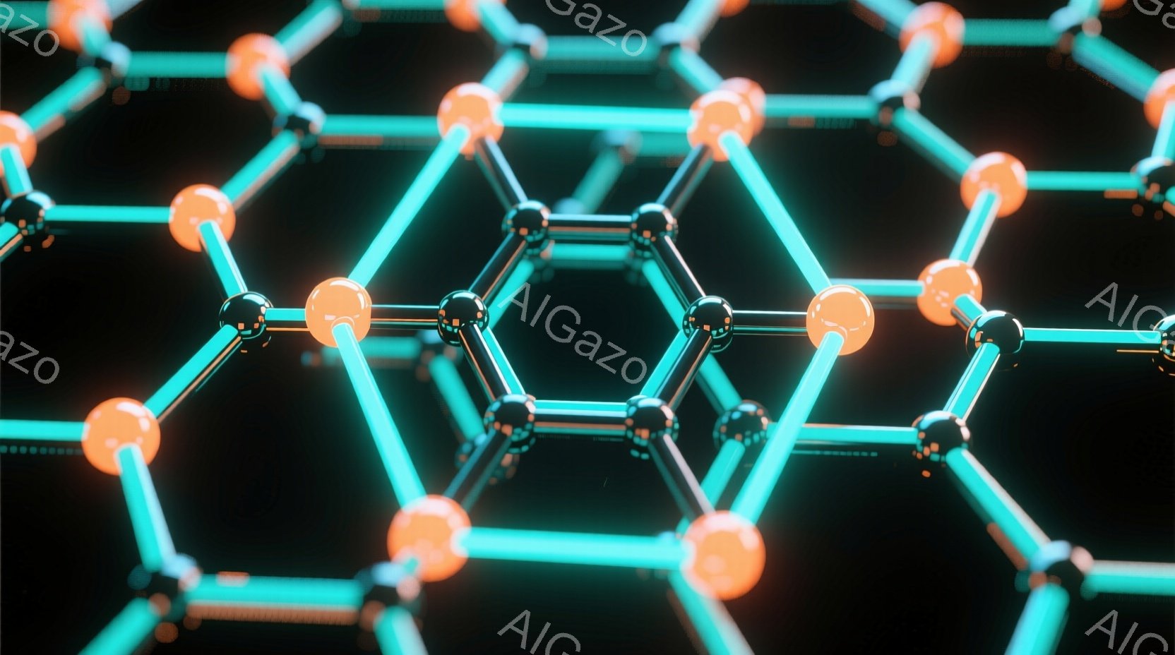 鮮やかな緑色の細い線が六角形に繋がり、黒とオレンジの球体がその接続点に配置された、蜂の巣のような構造が描かれています。球体は光沢があり、球体と線の組み合わせが立体感を強調し、科学的または未来的なイメー - AI生成フリー素材