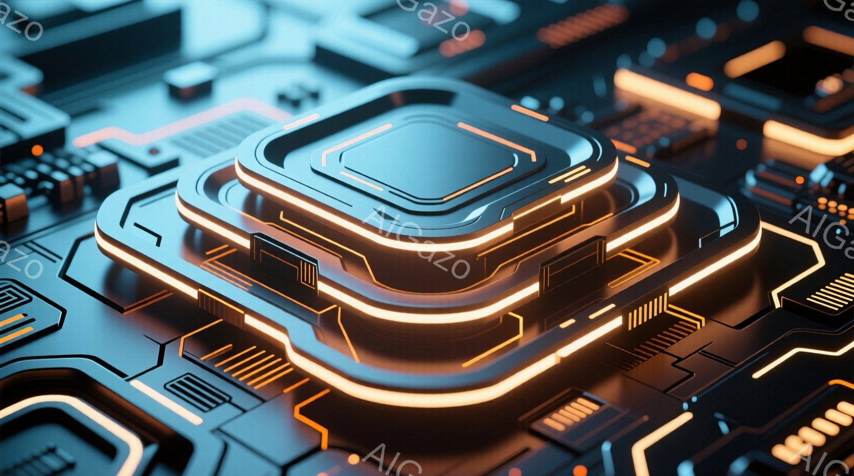 この画像は、複雑な回路基板を連想させる未来的なデザインです。中央には、光るオレンジ色のラインで縁取られた、複数の層が積み重なった四角い構造物が存在します。全体的に暗い背景に鮮やかな光が際立ち、ハイテクでサイバーパンクな雰囲気を醸し出しています。