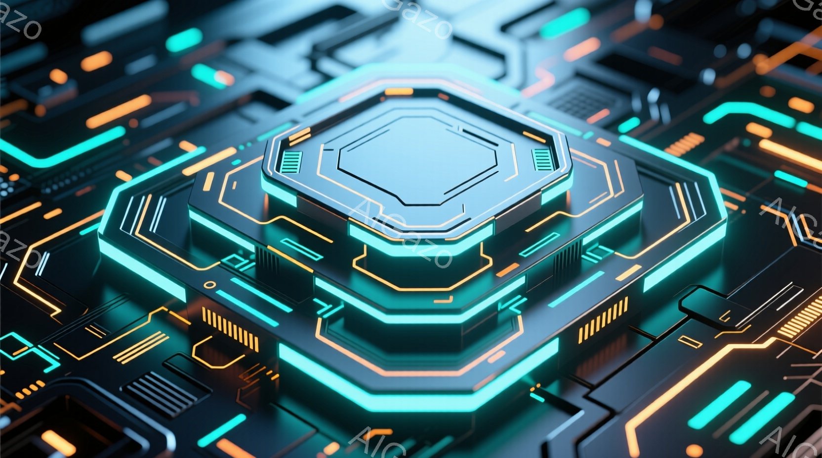 この画像は、発光する六角形の回路基板が複雑に組み合わさった、未来的なテクノロジーの表現です。鮮やかなターコイズブルーとオレンジ色の光が、幾何学的なデザインを強調し、金属的な質感と相まって、高度な技術を - AI生成フリー素材
