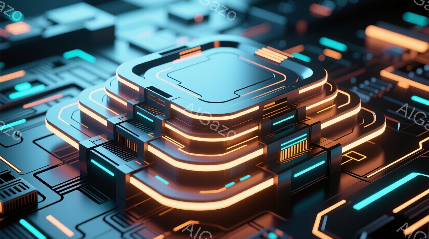 複雑な回路基板のような構造物が、オレンジと青色のネオンライトで照らされています。幾重にも重なった層は未来的な都市の構造を連想させ、近未来的なテクノロジーの象徴として表現されています。全体的に暗い背景に発光するラインが走り、サイバーパンクな雰囲気を醸し出しています。