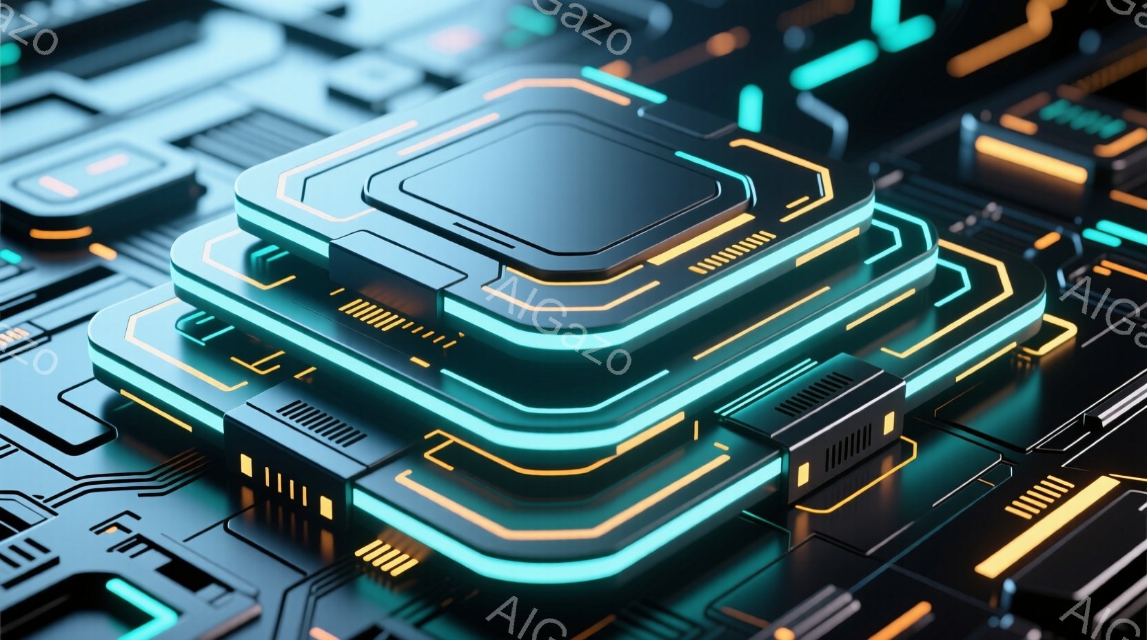 この画像は、未来的な回路基板をクローズアップしたものです。ターコイズブルーとオレンジ色のネオンライトが、幾何学的なパターンを強調し、黒色の背景に鮮やかなコントラストを生み出しています。全体として、高科技で洗練された雰囲気であり、サイバーパンクやデジタル世界のビジュアルを彷彿とさせます。