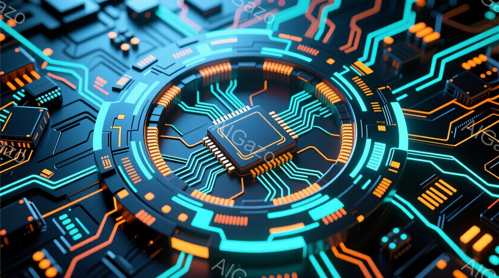 この画像は、複雑な回路基板をクローズアップしたものです。鮮やかな青とオレンジ色の光が流れるようなラインで構成され、中央には銀色のマイクロチップが配置されています。未来的なテクノロジーやデジタル世界の雰囲気を強く感じさせる、鮮やかで抽象的な表現です。
