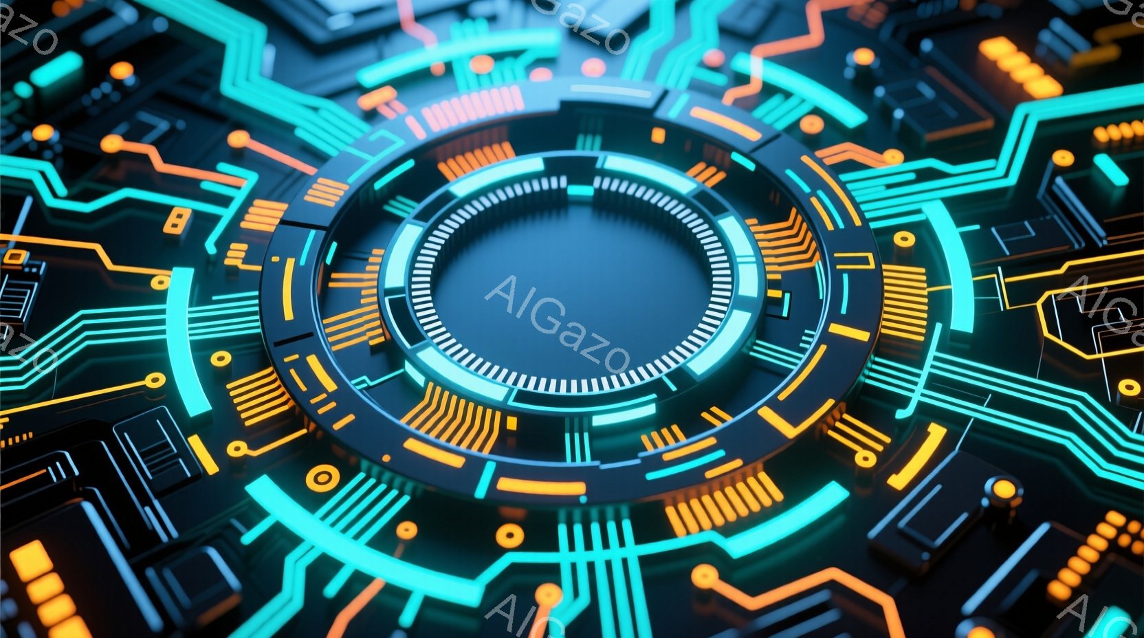 鮮やかなネオンカラーの回路基板が複雑に絡み合い、中央に円形の空洞を形成しています。青とオレンジのラインが光り輝き、未来的なテクノロジーのイメージを喚起させます。全体的に、精密さとエネルギーが溢れる抽象的なデザインです。