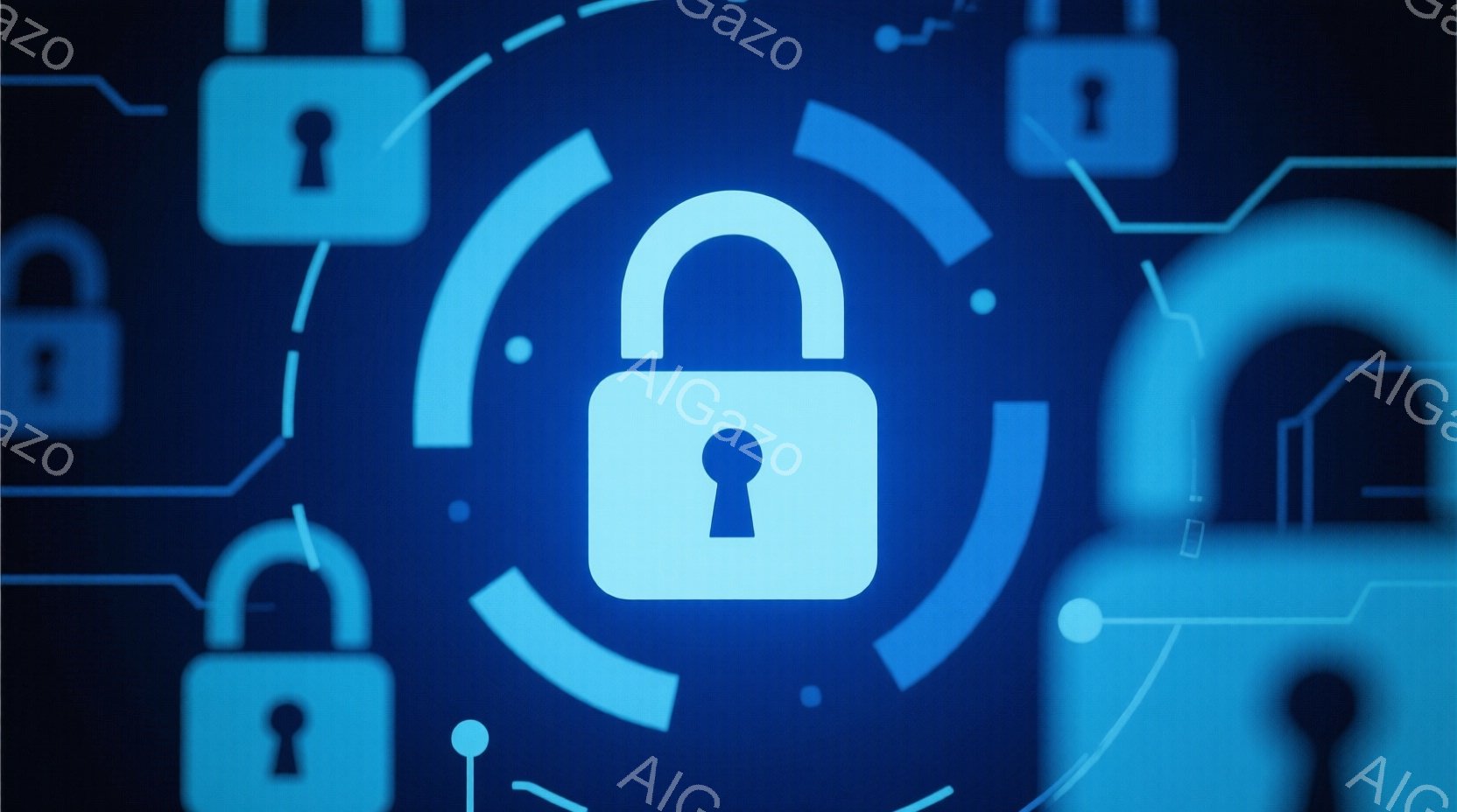 鮮やかな青色の背景に、様々な大きさの南京錠が配置されています。南京錠は白く光っており、技術的なセキュリティやデジタル保護を象徴しているようです。背景には回路のような線が描かれており、未来的な雰囲気を醸し出しています。