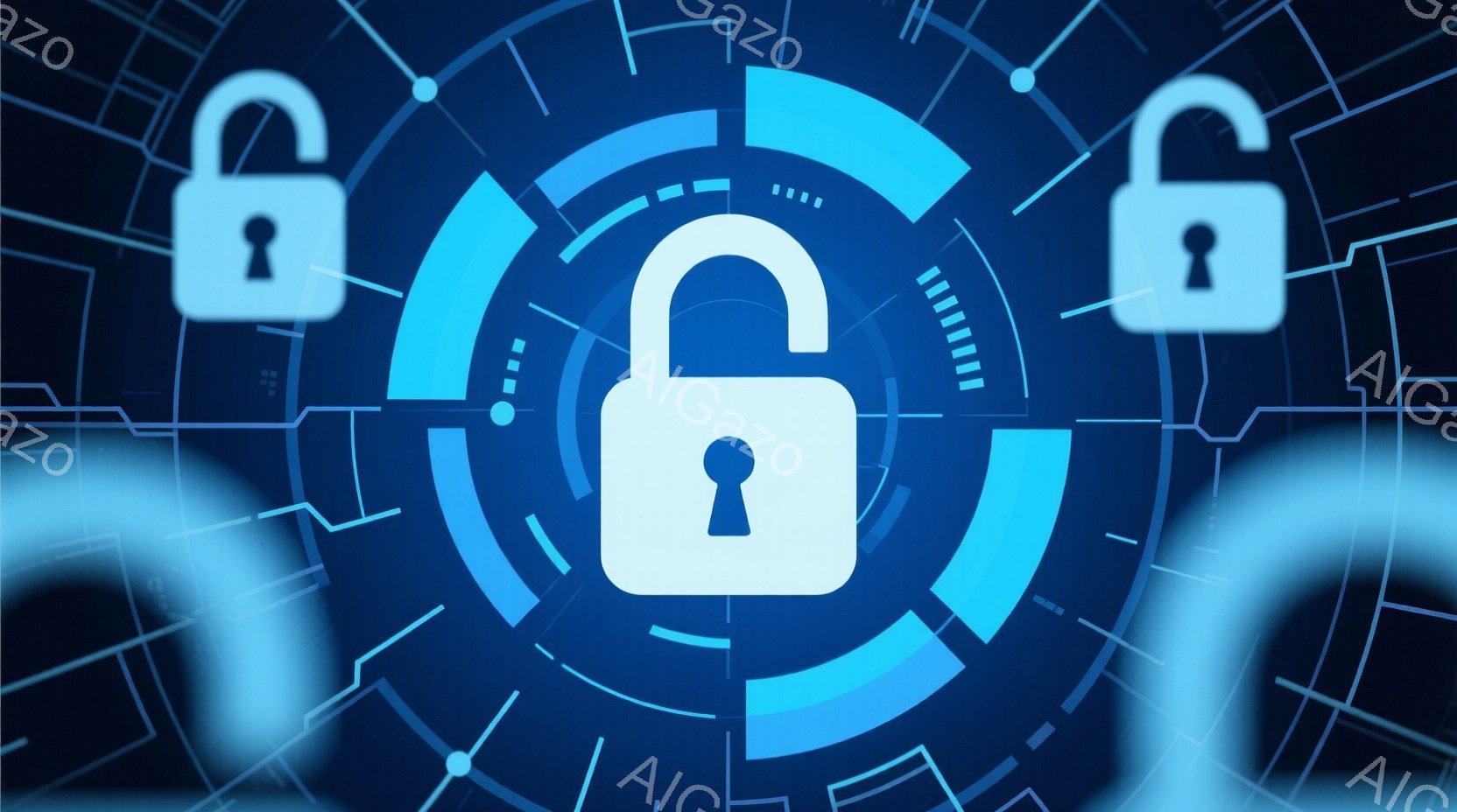 鮮やかな青色のデジタル背景に、中央に白い南京錠が描かれています。南京錠の周りには同心円状の光のリングが配置され、サイバーセキュリティやデータ保護を連想させるデザインです。全体的に未来的な雰囲気で、デジタル世界の安全性を象徴しているように見えます。