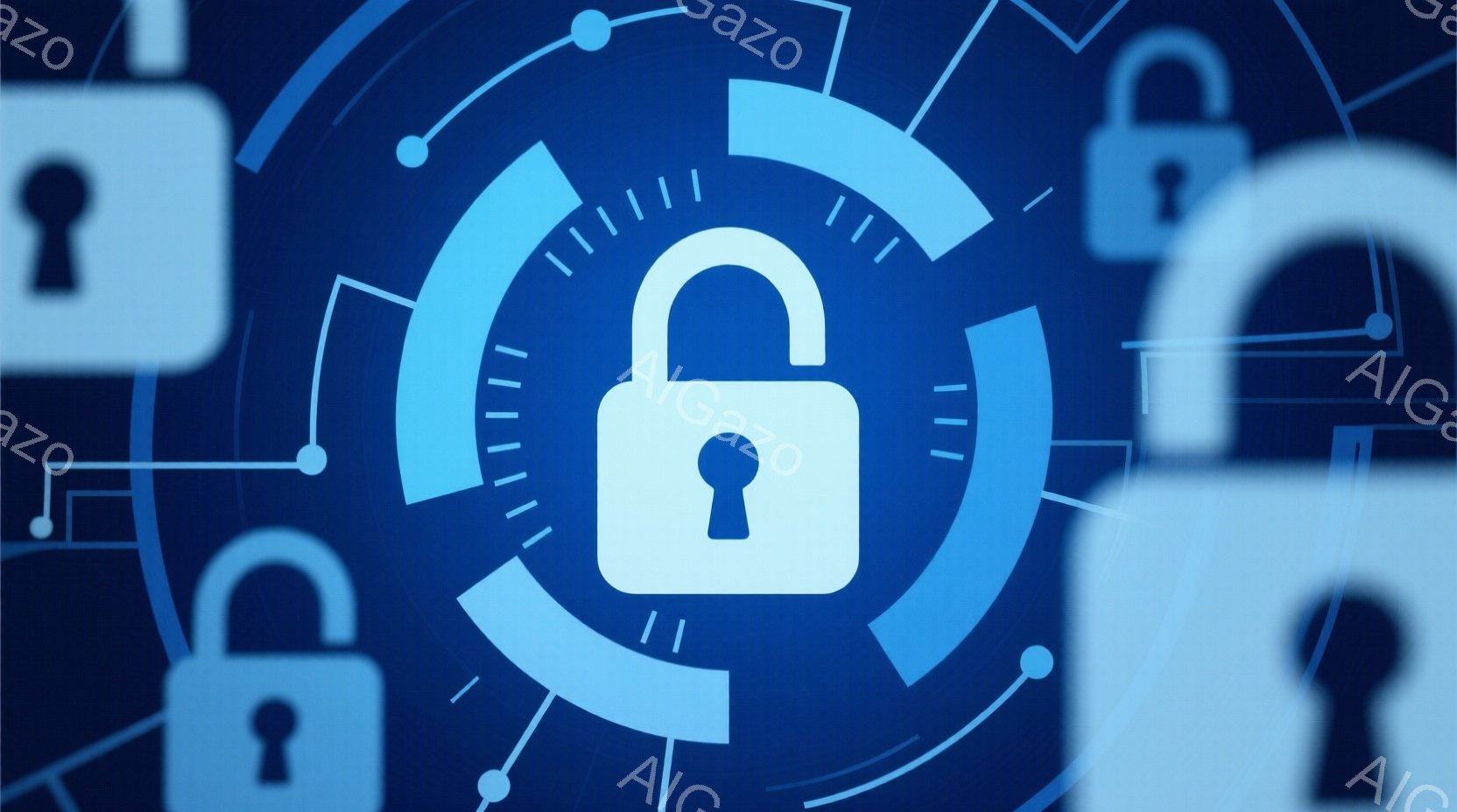 この画像は、青色の背景に施錠された南京錠が複数浮かび上がっている様子を表しています。南京錠はそれぞれ同心円状の光のリングで囲まれており、デジタルセキュリティやデータ保護を象徴するような印象を与えます。全体的にクールで未来的な雰囲気があり、技術的なテーマに関連するビジュアルとして機能しています。