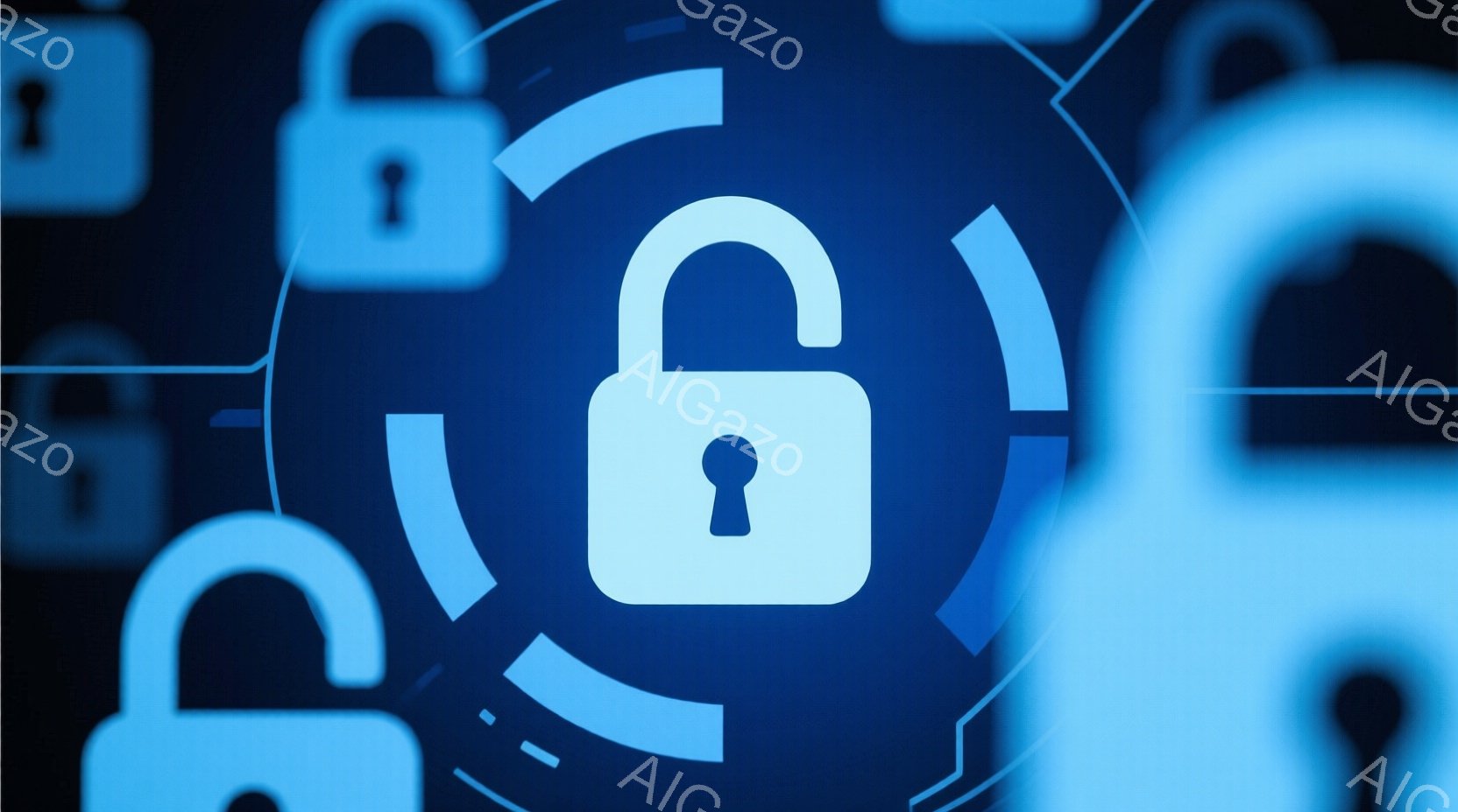 この画像は、青い背景に複数の南京錠が描かれています。中央には特に大きな南京錠が配置され、他の南京錠と重なり合うように配置されています。全体的にセキュリティや保護といった印象を与える、クールでモダンな雰囲気です。