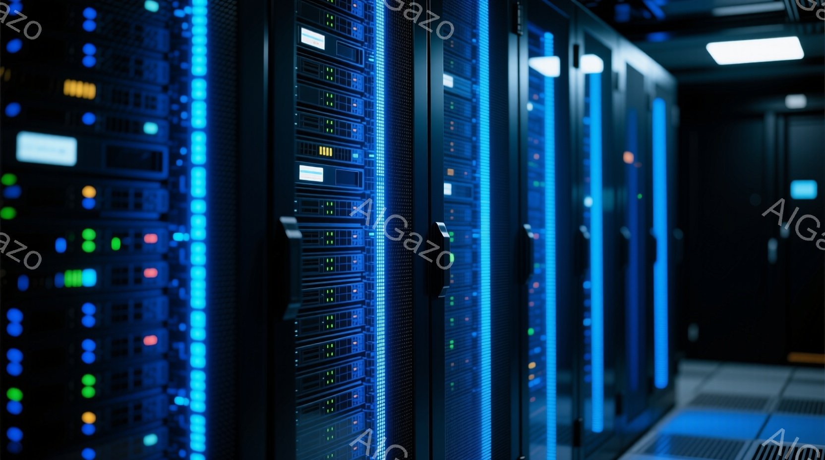 鮮やかな青色のLEDライトが並ぶサーバーラックが、整然と並んでいます。ラックの前面には、緑、赤、黄色の小さなランプが点灯しており、システムの稼働状況を示唆しています。暗い背景と合わせて、高度な技術とデ - AI生成フリー素材