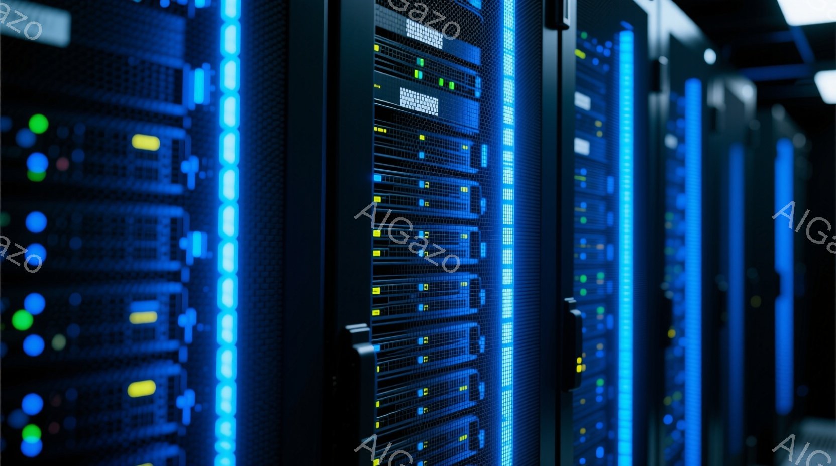 この画像は、青い光が点滅するサーバーラックが並んだデータセンター内部を捉えています。ラックは黒を基調とし、正面には多数の小さなライトが点灯しており、複雑なシステムが稼働している様子を示唆しています。全体的にクールで技術的な雰囲気が漂い、データの流れと処理を連想させます。