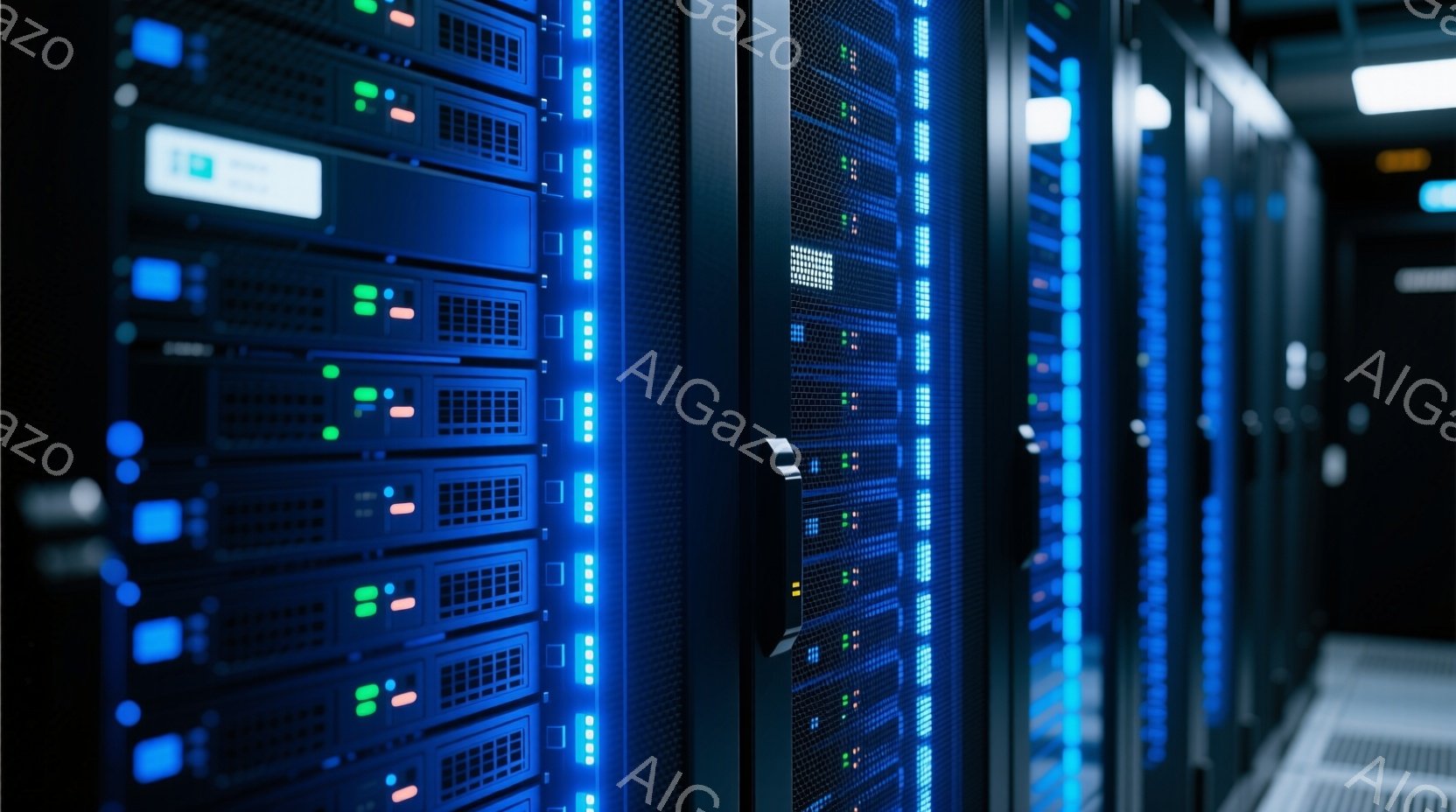 この画像は、青色のLEDライトが点滅するサーバーラックが並んだデータセンター内部の様子を示している。ラックは黒色で、密集しており、冷却ファンやケーブルが確認できる。全体的に、高度な技術と効率的な冷却シ - AI生成フリー素材
