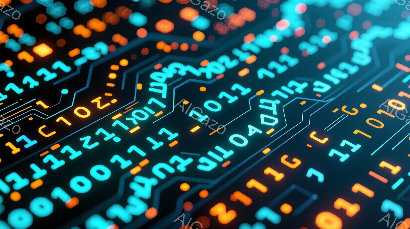 この画像は、デジタル回路を模した鮮やかな青とオレンジ色の光のパターンが特徴です。回路は複雑に絡み合い、バイナリコードや数字が散りばめられています。全体的に未来的な雰囲気で、テクノロジーやデータ処理を連想させる視覚的な表現です。