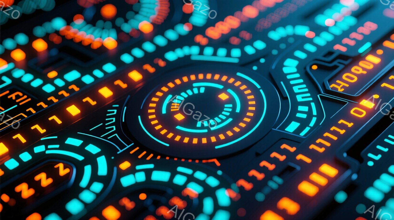 この画像は、鮮やかなオレンジとターコイズブルーの光るデジタル回路のクローズアップです。円形のコンポーネントが幾重にも重なり、複雑なネットワークを形成しています。全体的に未来的な、技術的な雰囲気を醸し出しており、データストリームやサイバー空間を連想させます。