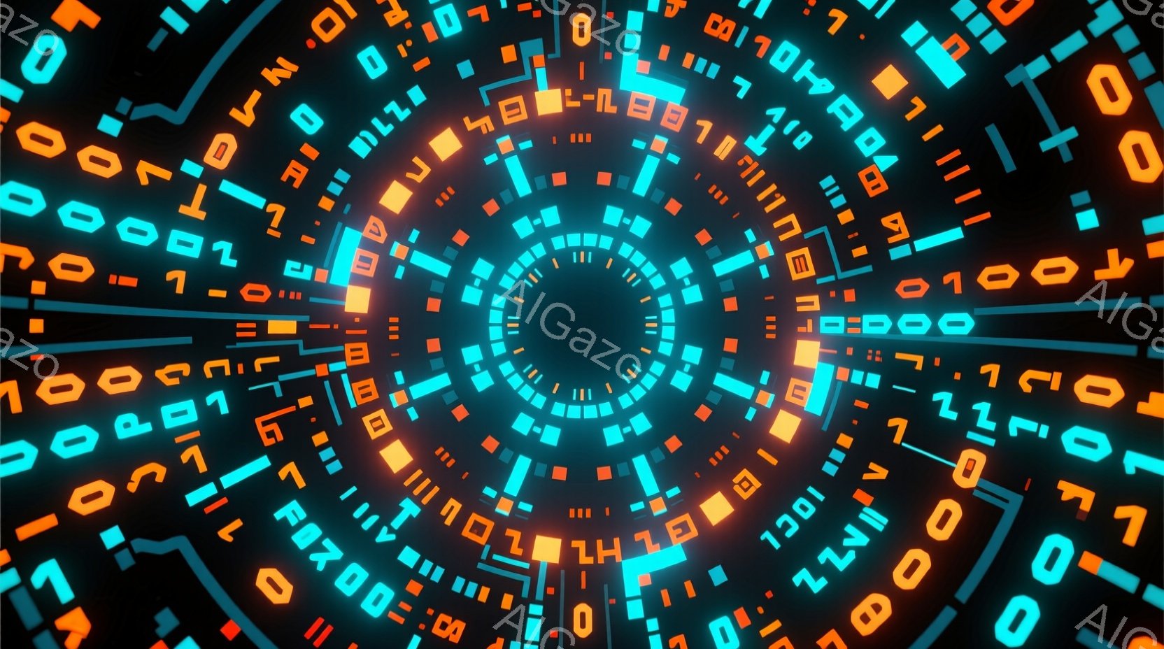 この画像は、中心に向かって渦巻くサイバーパンク風のトンネルを描いています。鮮やかなターコイズブルー、ピンク、オレンジ色の幾何学的な図形が、光の帯のように連続して配置され、未来的な雰囲気を醸し出しています。このパターンは、無限に続くデジタル空間や、高速データストリームを連想させます。