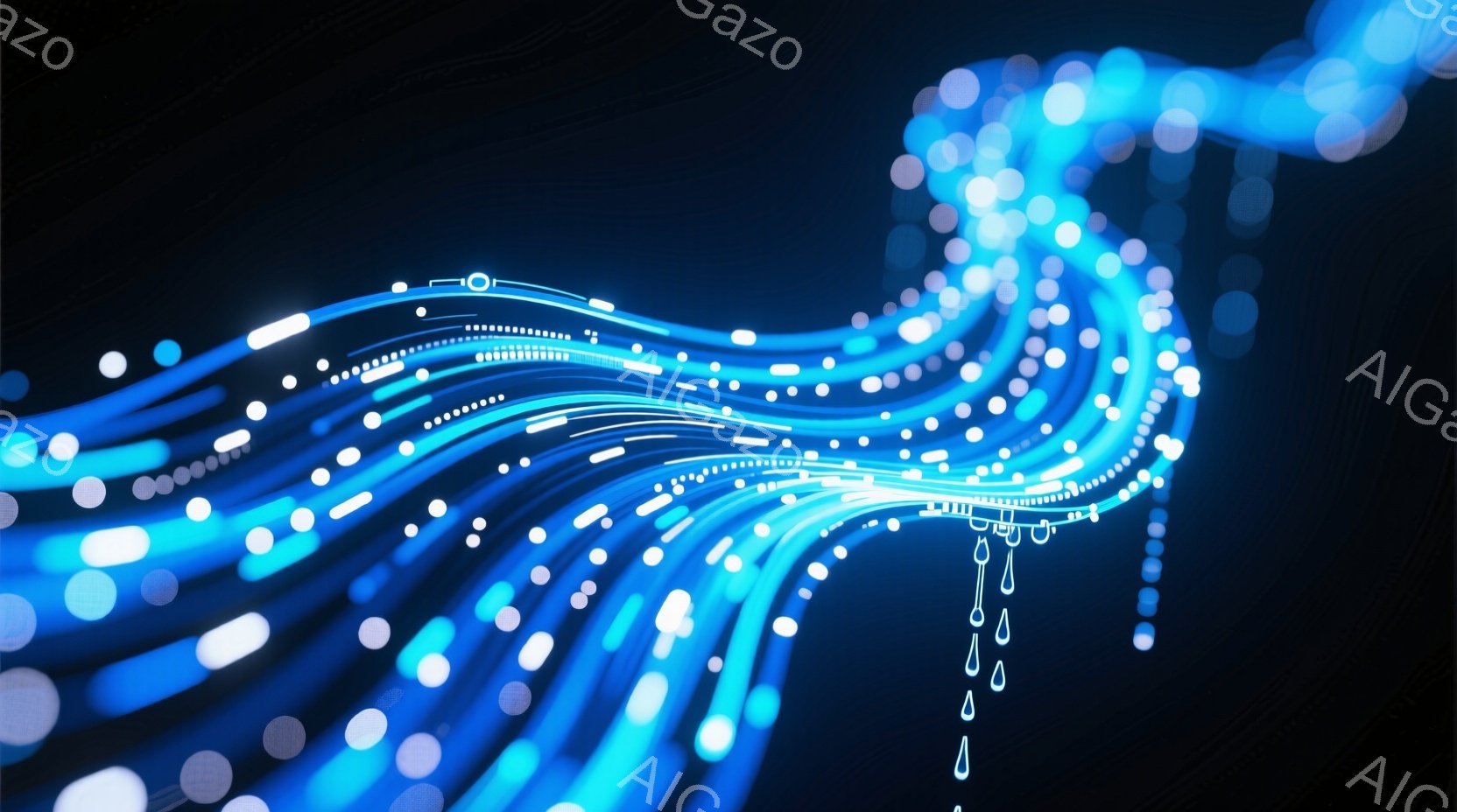 鮮やかな青色と白色の光の線が、暗い背景の中で渦巻状に広がっている。線はまるでデジタルな流れのように見え、その明るさは未来的な印象を与える。全体として、高速度通信やデータフローを視覚化したような、躍動感あふれるイメージである。