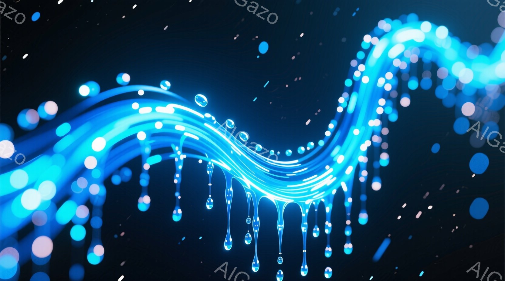 鮮やかな青色の光の線が、暗い背景に流れるように描かれている。線は、まるで水滴のような光の粒子を伴い、優雅な曲線を描きながら広がっている。全体的に幻想的で未来的な雰囲気が漂い、エネルギーの流れやデジタル - AI生成フリー素材