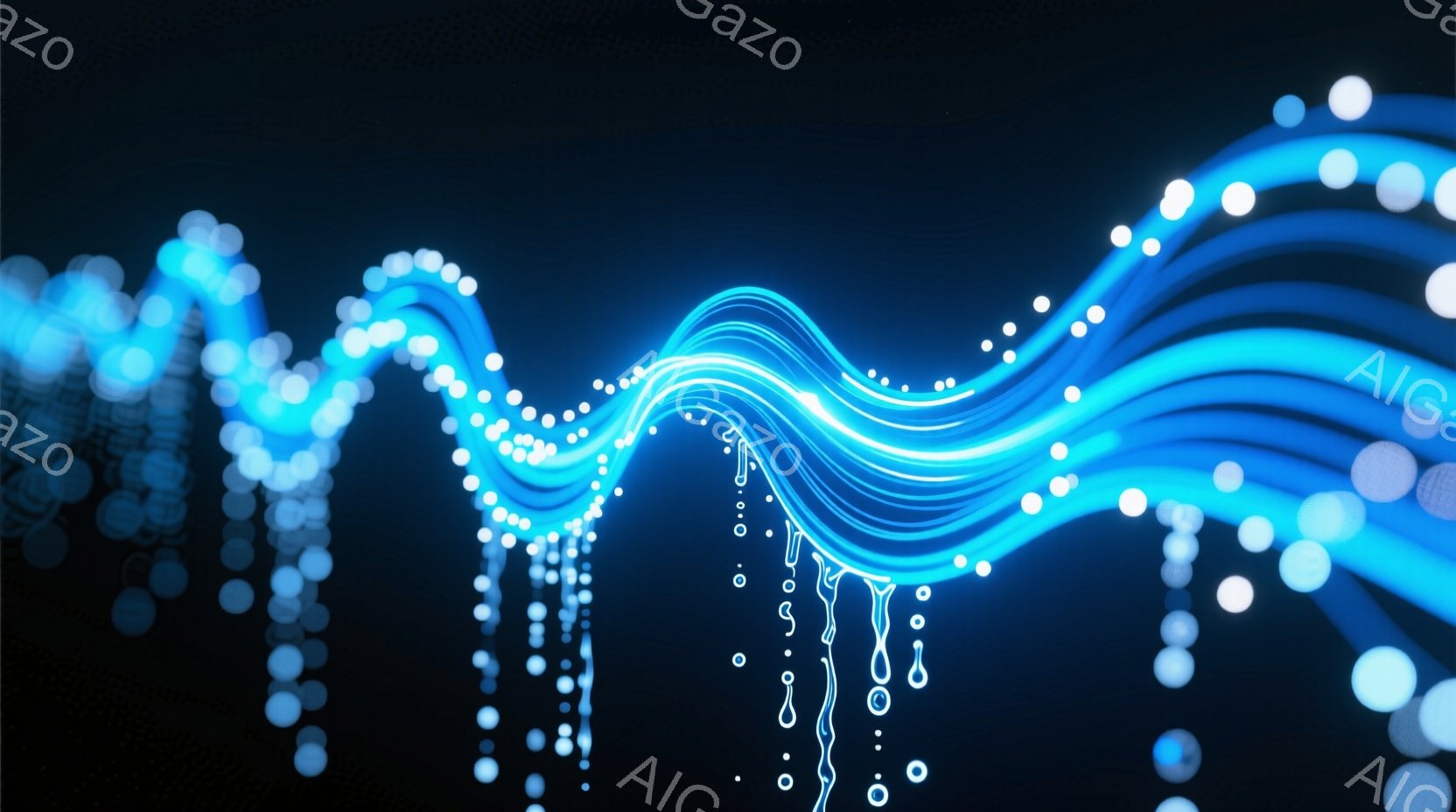 鮮やかな青色の光の線が、暗い背景を蛇行して流れています。光の線は、まるでデジタルな粒子が繋がってできたように見え、点線状の光が線に沿って散りばめられています。全体として、未来的なテクノロジーやエネルギ - AI生成フリー素材