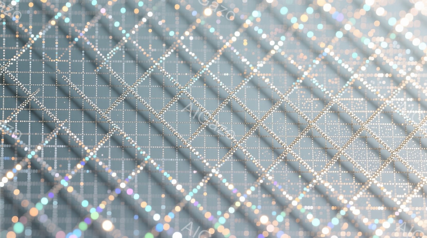 画像は、きらめく粒子で構成された抽象的な背景で、斜めの線が網の目のように交差しています。粒子は白、青、ピンクなど様々な色合いで、光が拡散しているような効果を生み出しています。全体として、夢のような、幻 - AI生成フリー素材