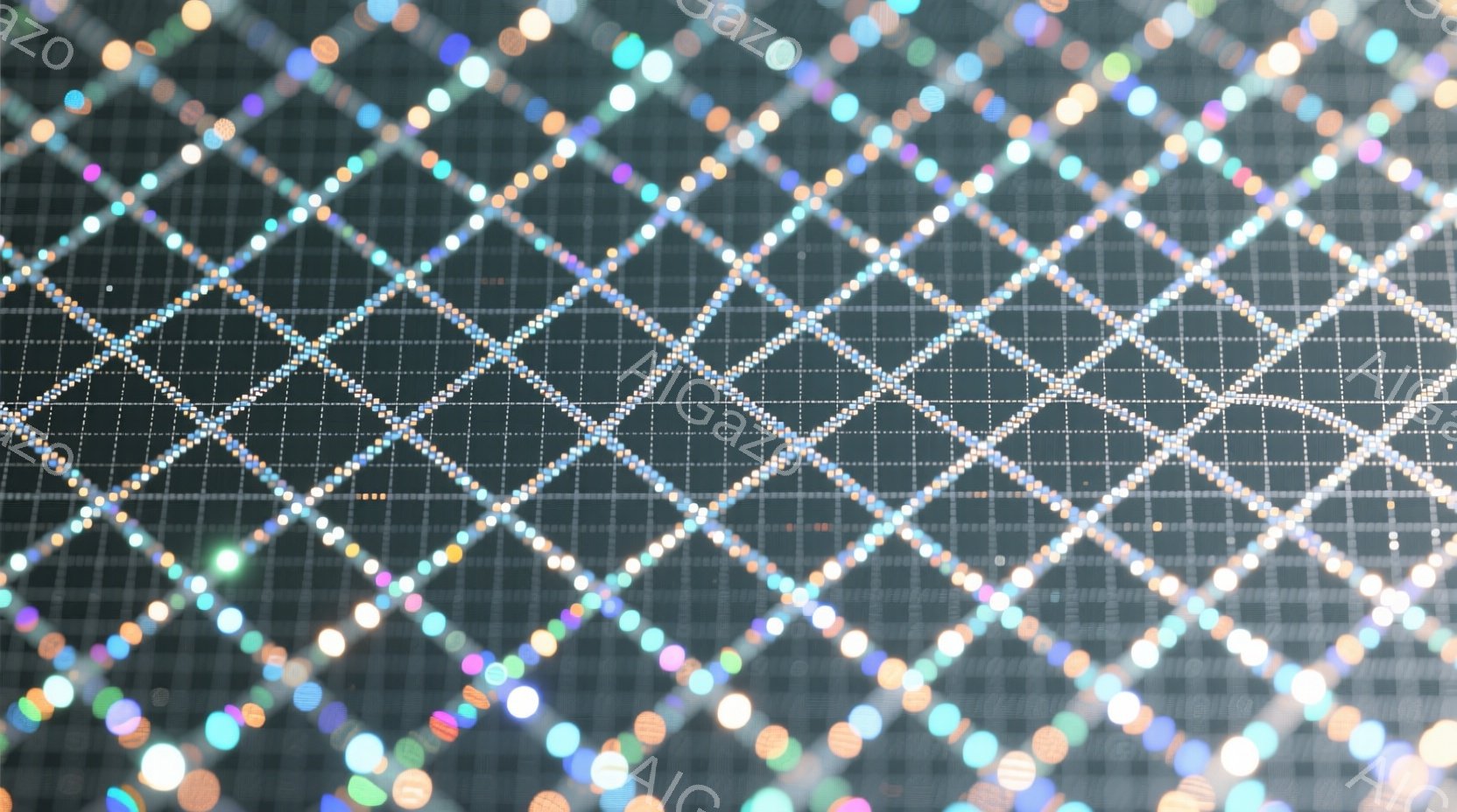 この画像は、きらびやかな光の網目が特徴的な抽象的な表現です。無数の小さな光点が交差してダイヤモンドのような模様を作り出しており、背景は暗く、光が際立っています。全体的に幻想的で夢のような雰囲気を醸し出しています。