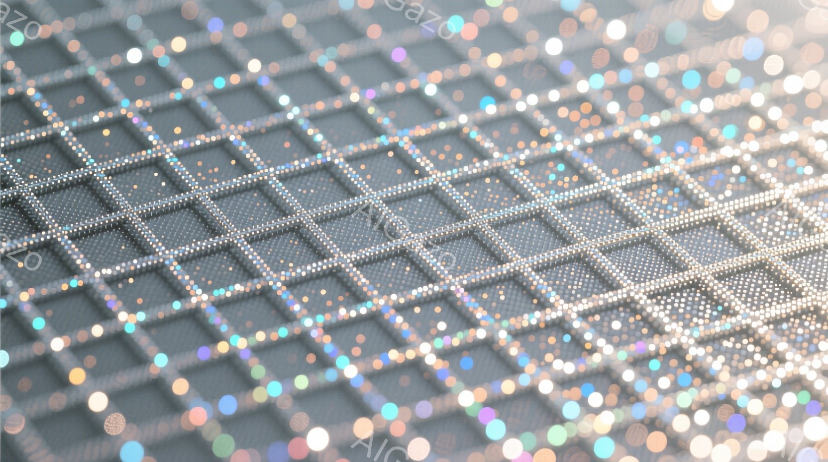 画像はきらめくグリッターで覆われた網目状のテクスチャを捉えています。光の反射が様々な色合いを生み出し、まるで星空のような幻想的な雰囲気を醸し出しています。焦点が浅く、全体的にぼやけているため、夢の中のような、または抽象的な印象を与えます。