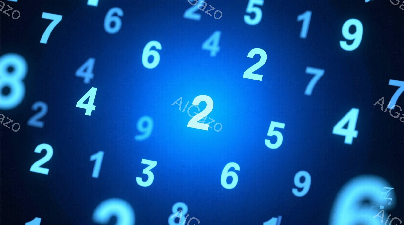 画像は、濃い青色の背景に、様々な大きさで白い数字が散りばめられています。数字は1から9までで、ランダムな位置に配置されており、光沢のある質感が感じられます。全体的に未来的な印象で、デジタルな雰囲気を醸 - AI生成フリー素材