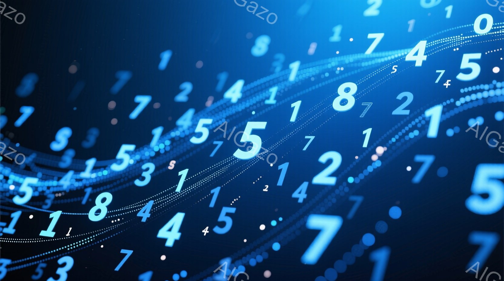 鮮やかな青色の背景に、白く光る数字がダイナミックに散りばめられています。数字は様々な大きさで、まるで流れ星のように放射状に広がっており、近未来的な印象を与えます。全体的に、デジタルデータや情報が飛び交う様子を表現した抽象的なイメージです。