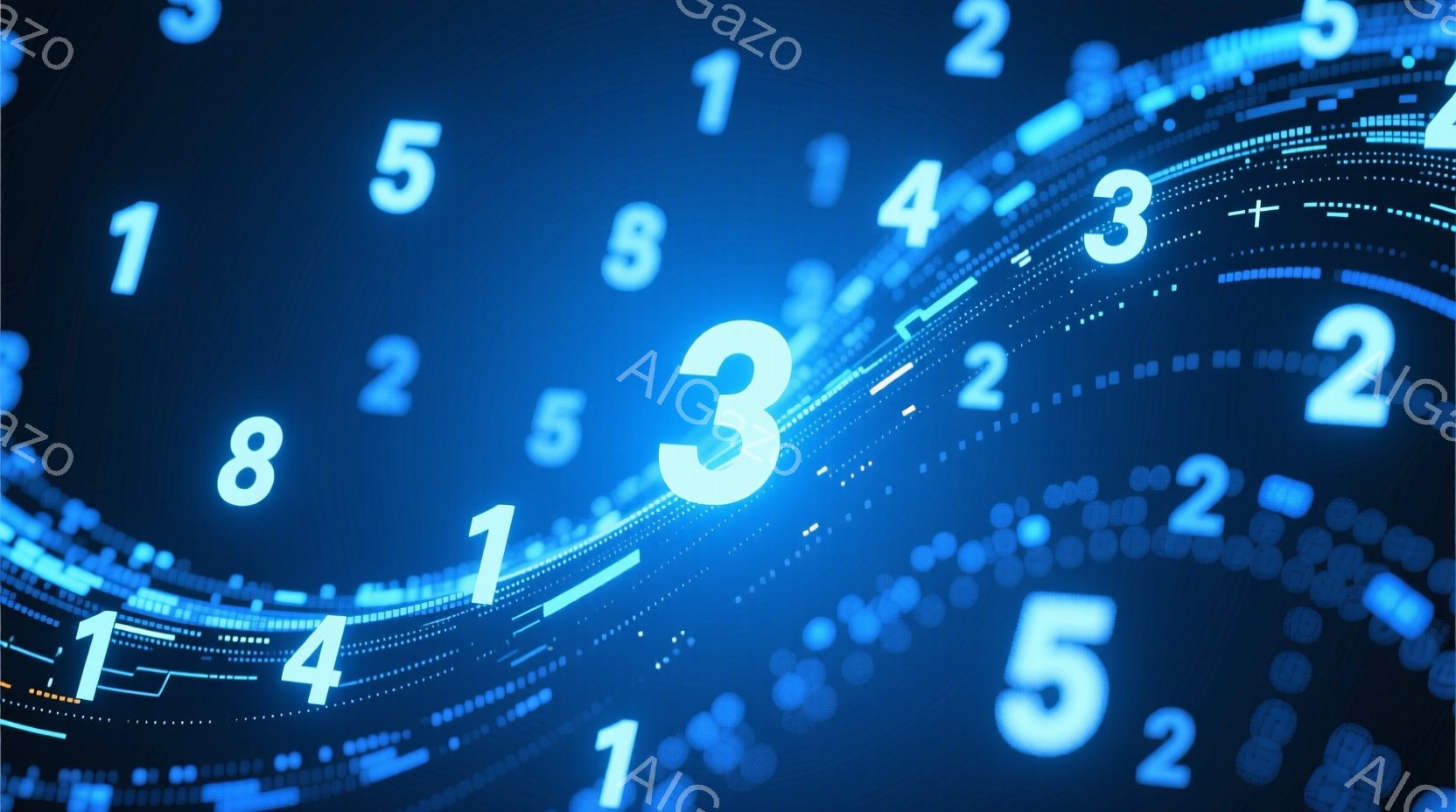 鮮やかな青色の背景に、白く光る数字「1」から「5」が円を描くように配置されています。光の線が円の中心から放射状に伸びており、未来的な印象を与えます。全体的にスピード感とデジタルな雰囲気が強調された、抽象的なイメージです。