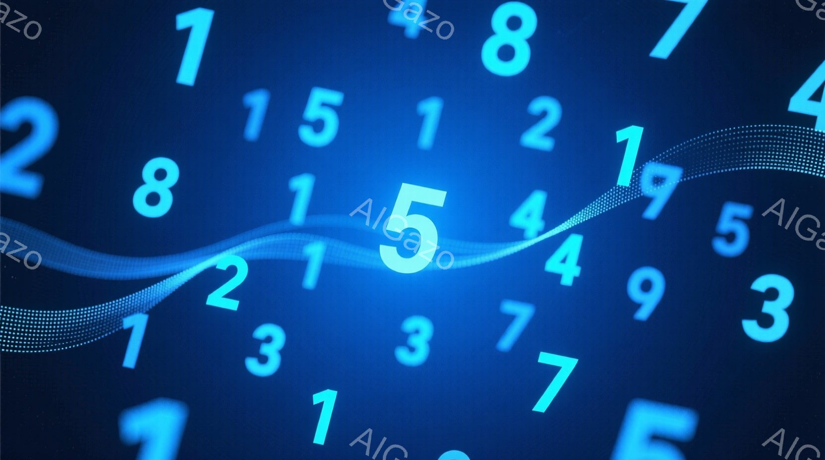 深い青色の背景に、白い数字が散りばめられています。数字は1から9まで様々で、まるでデジタルな流れの中に浮かんでいるかのような印象を与えます。光の筋が数字の間を駆け抜け、未来的な雰囲気を醸し出しています - AI生成フリー素材