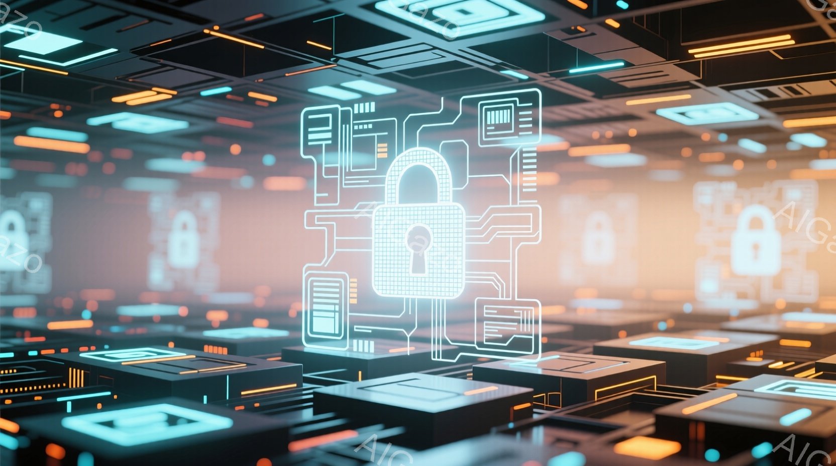 この画像は、未来的な回路基板のような背景に、光る南京錠が浮かび上がっています。基板は、オレンジと青のネオンライトで照らされ、複雑なパターンを形成しています。全体的に、サイバーセキュリティやデジタル保護といったテーマを想起させる、高技術的で鮮やかな雰囲気です。
