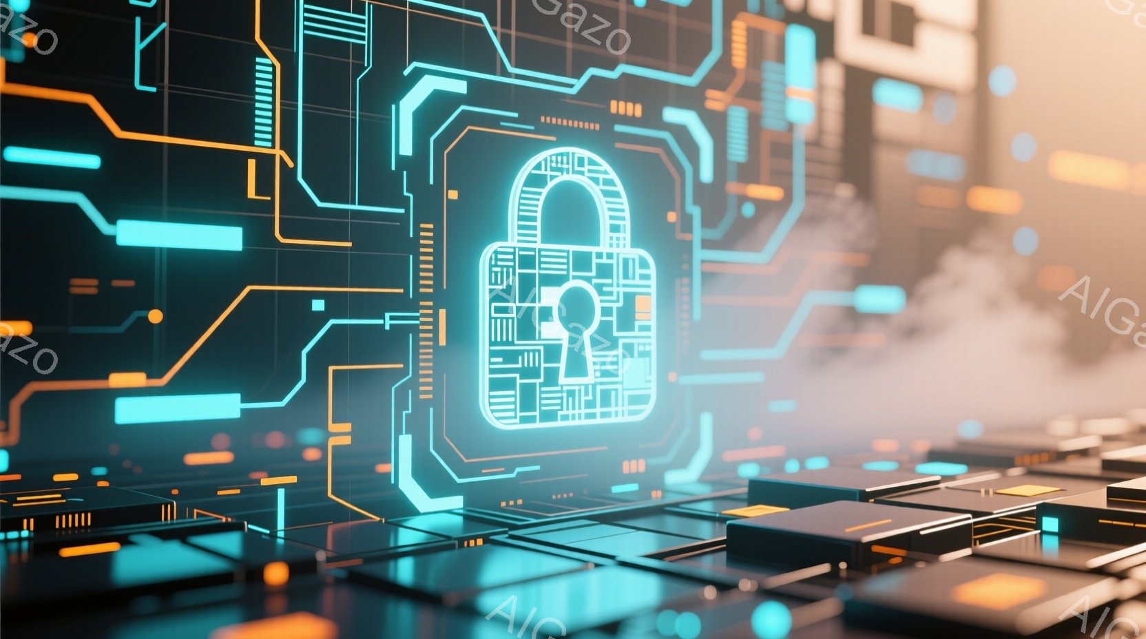 この画像は、複雑な電子回路を背景にした、青色の光る南京錠のクローズアップです。回路基板のようなテクスチャが前景と背景に広がり、未来的なデジタルセキュリティの概念を示唆しています。鮮やかな青とオレンジの配色が、ハイテクで先進的な雰囲気を醸し出しています。