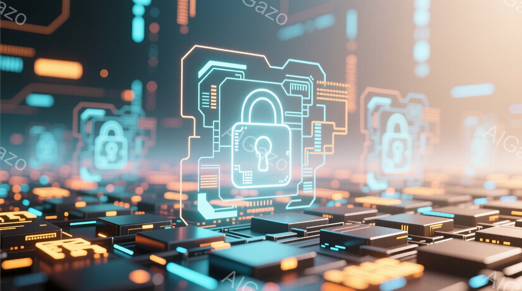 鮮やかなネオンカラーの電子回路が広がり、その上にロックされた南京錠のホログラムが浮かび上がっている。回路は幾何学的な形状をしており、オレンジ、青、紫の色調で照らされ、未来的な雰囲気を作り出している。全体として、サイバーセキュリティやデータ保護を象徴する、ハイテクで抽象的なイメージである。