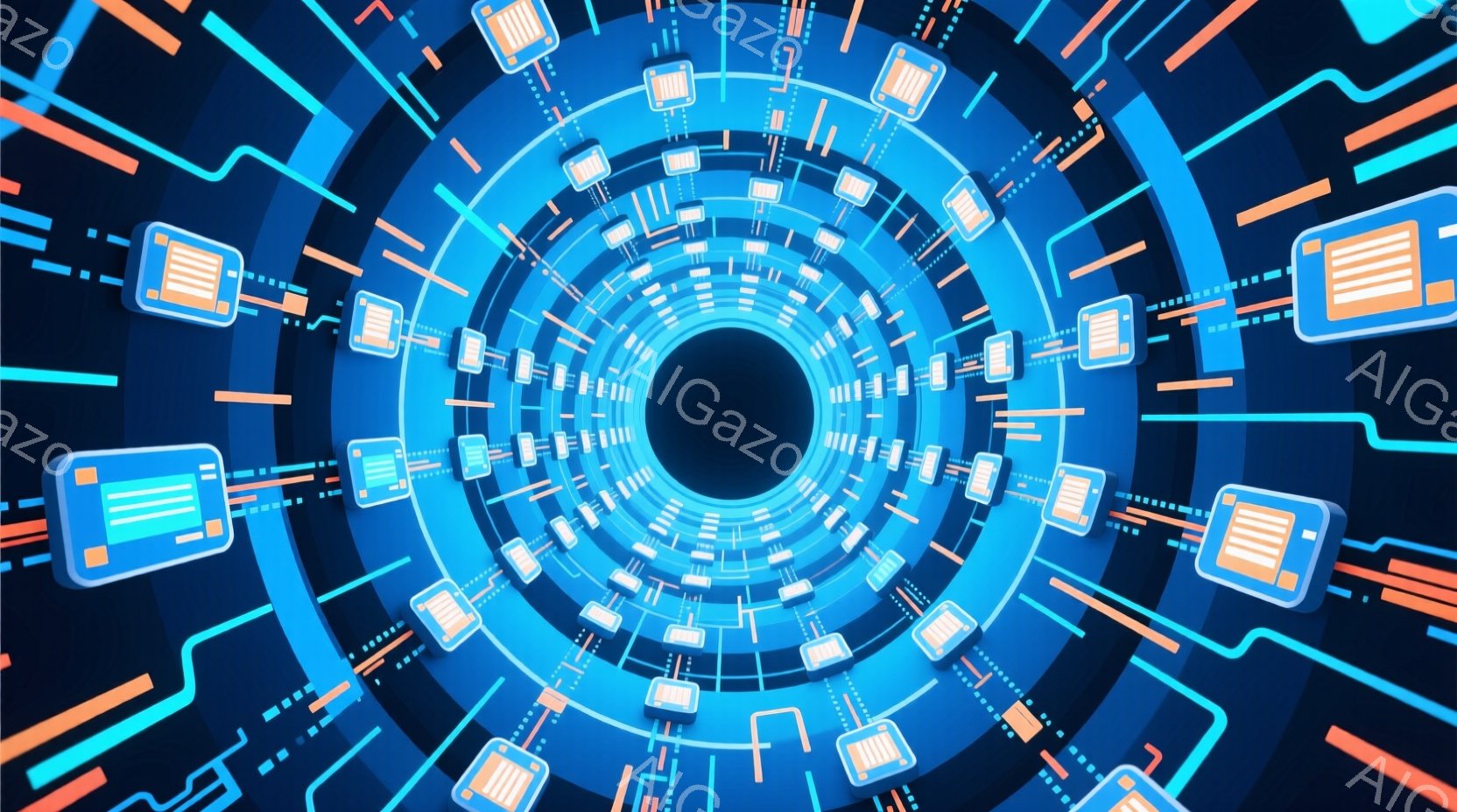 この画像は、中心に向かって収束するサイバーパンク風のトンネルを描いています。青とオレンジの光る線と矩形が螺旋状に配置され、未来的なデジタル空間を表現しています。暗い中心部と、光の線が作り出す強いコント - AI生成フリー素材