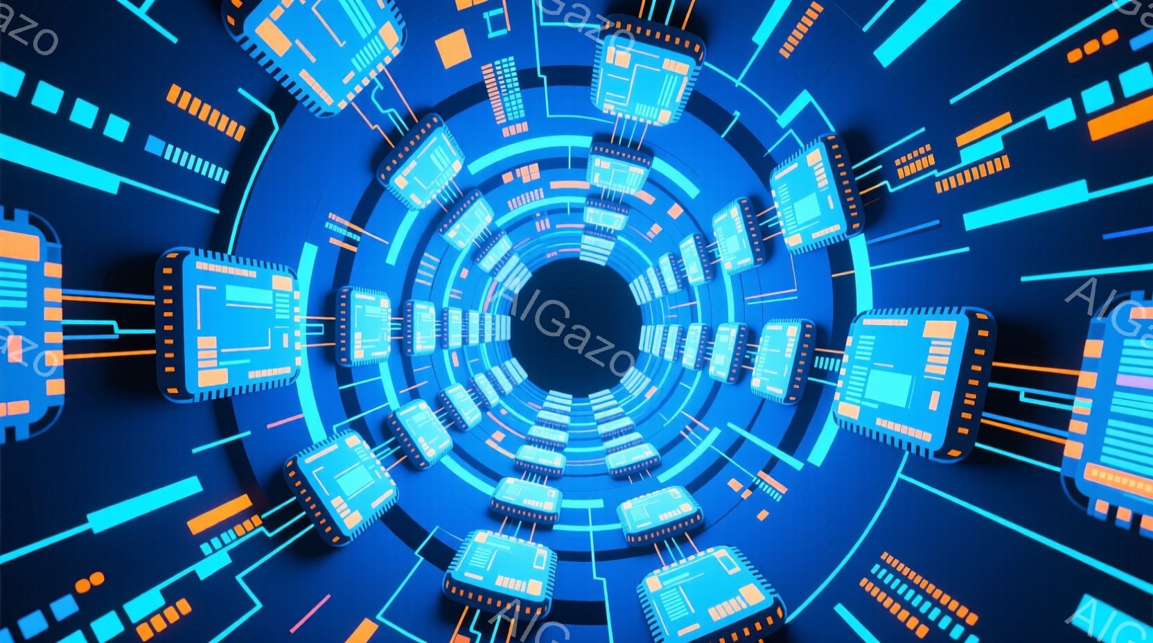 この画像は、渦巻く青とオレンジ色の回路基板が特徴的な抽象的なトンネルの表現です。回路基板は円筒形に配置され、視覚的に中心に向かって収束し、無限の奥行きのような印象を与えます。全体的に、未来的なテクノロジーとデジタル空間を想起させる、鮮やかで没入感のある雰囲気です。