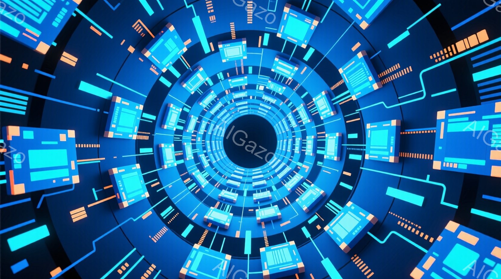 この画像は、青とオレンジの光る電子回路が渦巻くトンネルのような視覚効果です。回路は幾何学的な形状で構成され、中心に向かって収束し、未来的な雰囲気を醸し出しています。全体として、高科技でサイバーパンクな印象を与える抽象的なアート作品です。