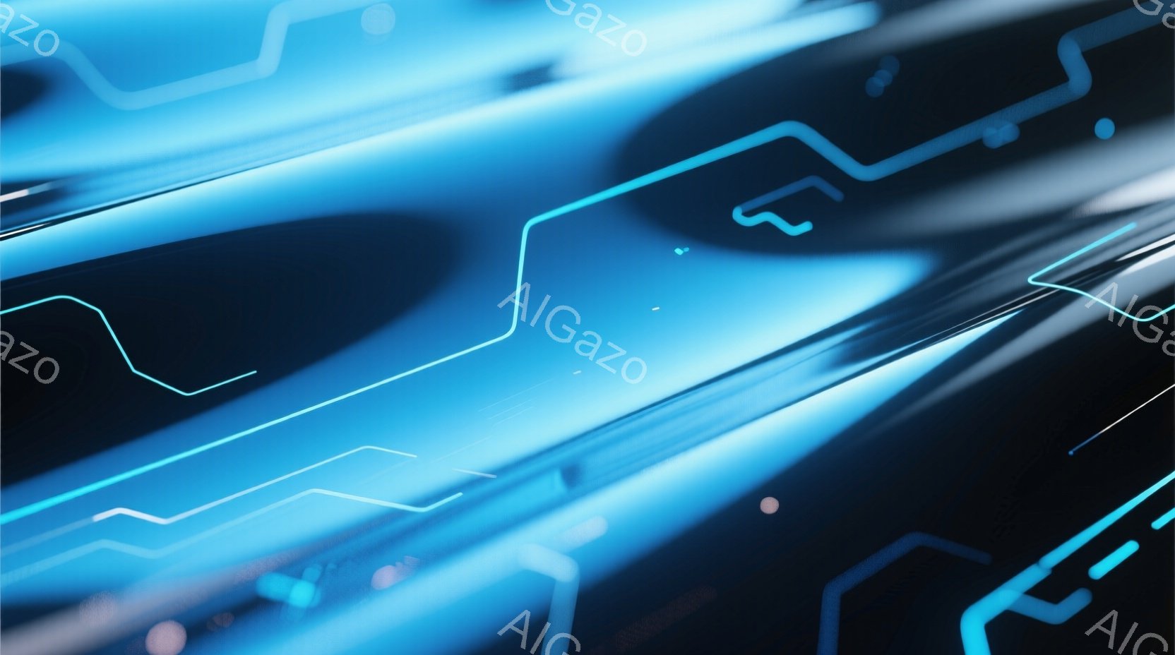 この画像は、青色を基調とした未来的な抽象的な表現です。光のラインが複雑に絡み合い、速度感とエネルギーを感じさせます。背景は暗く、光のラインが際立って、サイバーパンクやテクノロジーを想起させる雰囲気です。