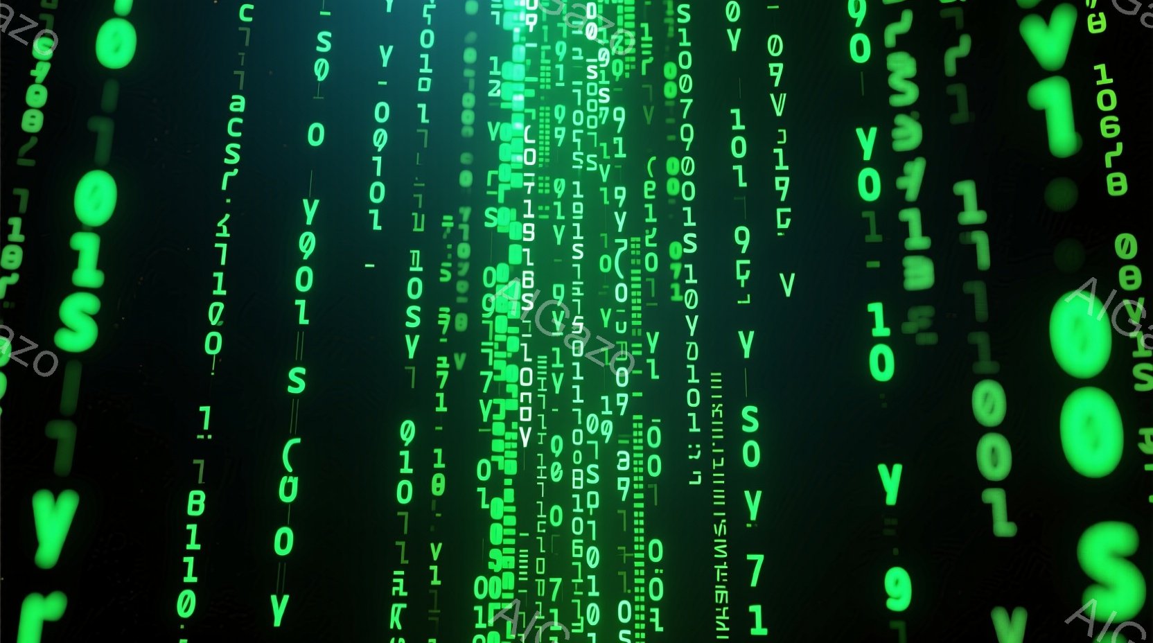 この画像は、緑色のデジタルコードが滝のように流れ落ちるサイバーパンク風の背景です。コードは様々な文字と数字で構成され、暗い背景に鮮やかなコントラストを生み出しています。全体的に未来的な、技術的な雰囲気が漂っています。