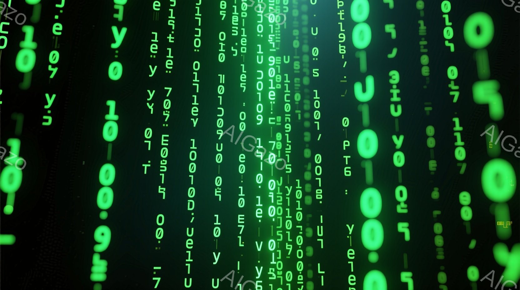 鮮やかな緑色の背景に、数字とアルファベットが縦に並んでいます。まるでコンピュータのコードやデジタルデータが流れているような印象を与えます。全体的に未来的な雰囲気で、サイバー空間やテクノロジーを連想させます。