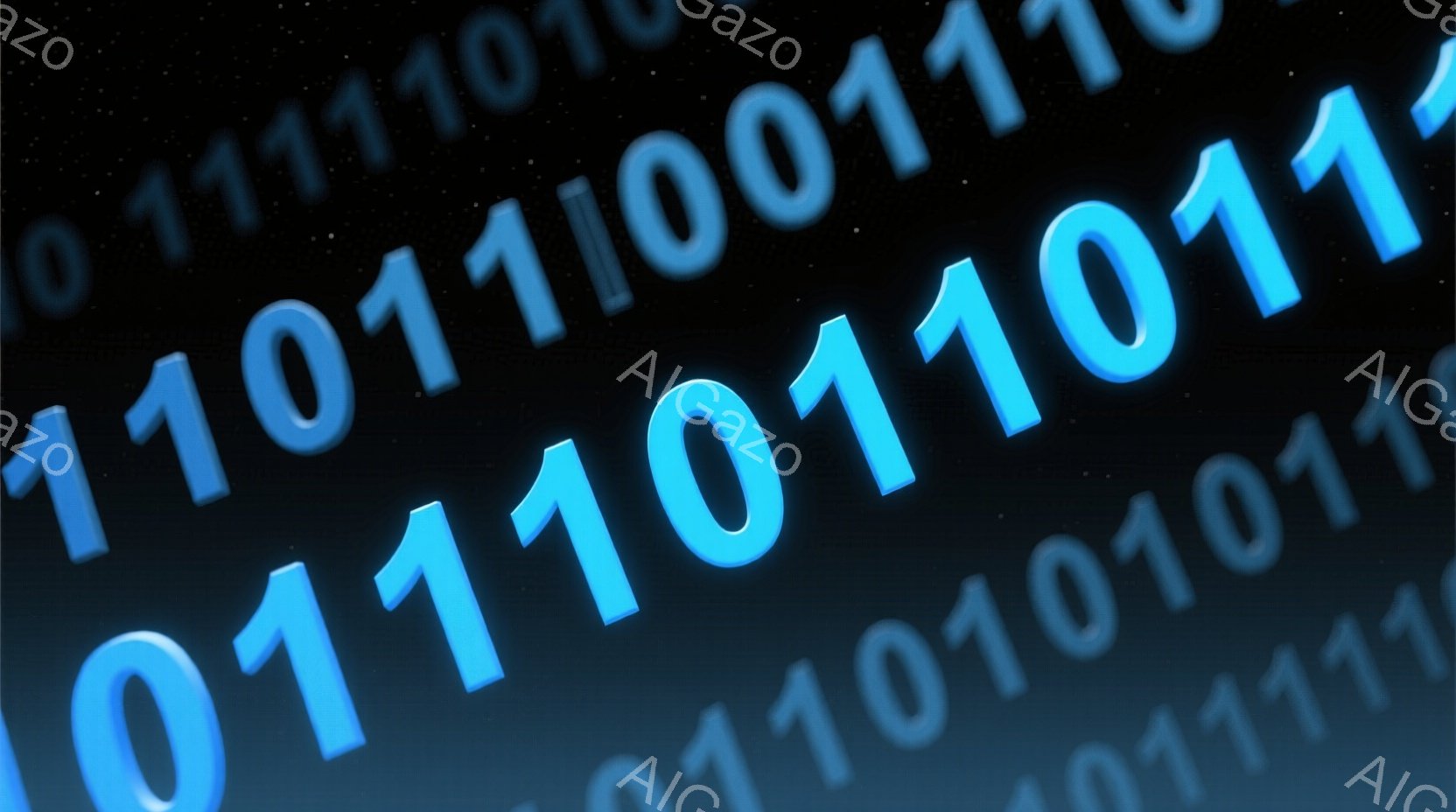 この画像は、青色の背景に無数の「0」と「1」のデジタルコードが散りばめられています。コードは様々な方向へ流れるように配置され、まるでデジタルな滝のようです。全体的に、サイバー空間やテクノロジー、データストリームを想起させる未来的な雰囲気です。