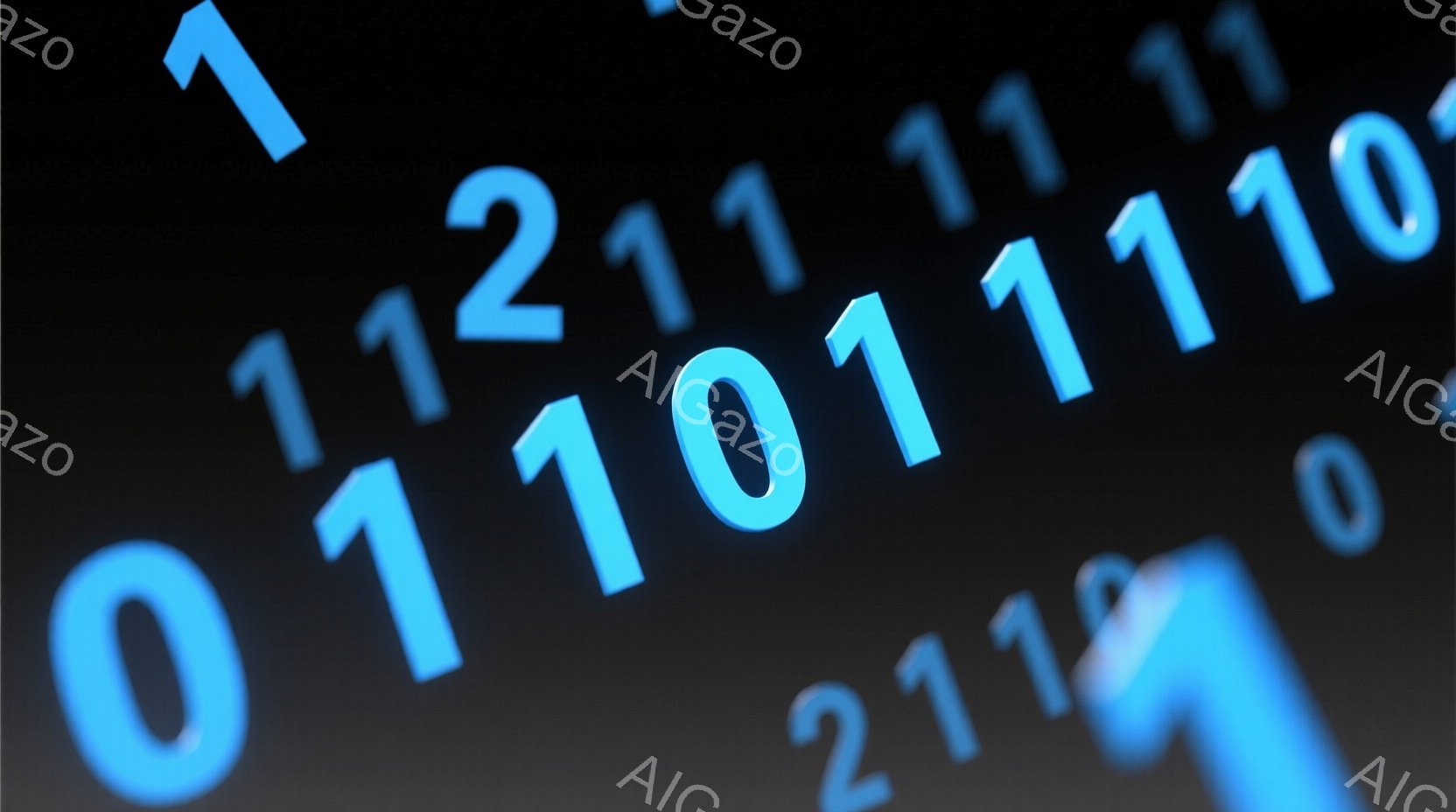 画面いっぱいに0と1のデジタルコードが流れており、背景は暗いグレーから黒のグラデーションで、未来的な印象を与えます。青白い光が数字を照らし、画面の右下にはぼやけた青い光の筋が見えます。全体的に、データ - AI生成フリー素材