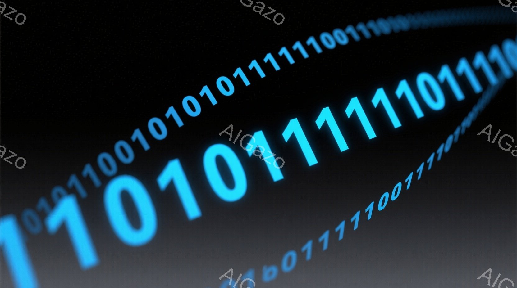 画面全体が暗い背景に、明るい青色の「0」と「1」のデジタルコードで覆われています。コードは対角線状に配置され、ぼやけた光の筋が流れ、未来的な印象を与えます。全体的に、技術的な雰囲気と、情報やデータの流 - AI生成フリー素材