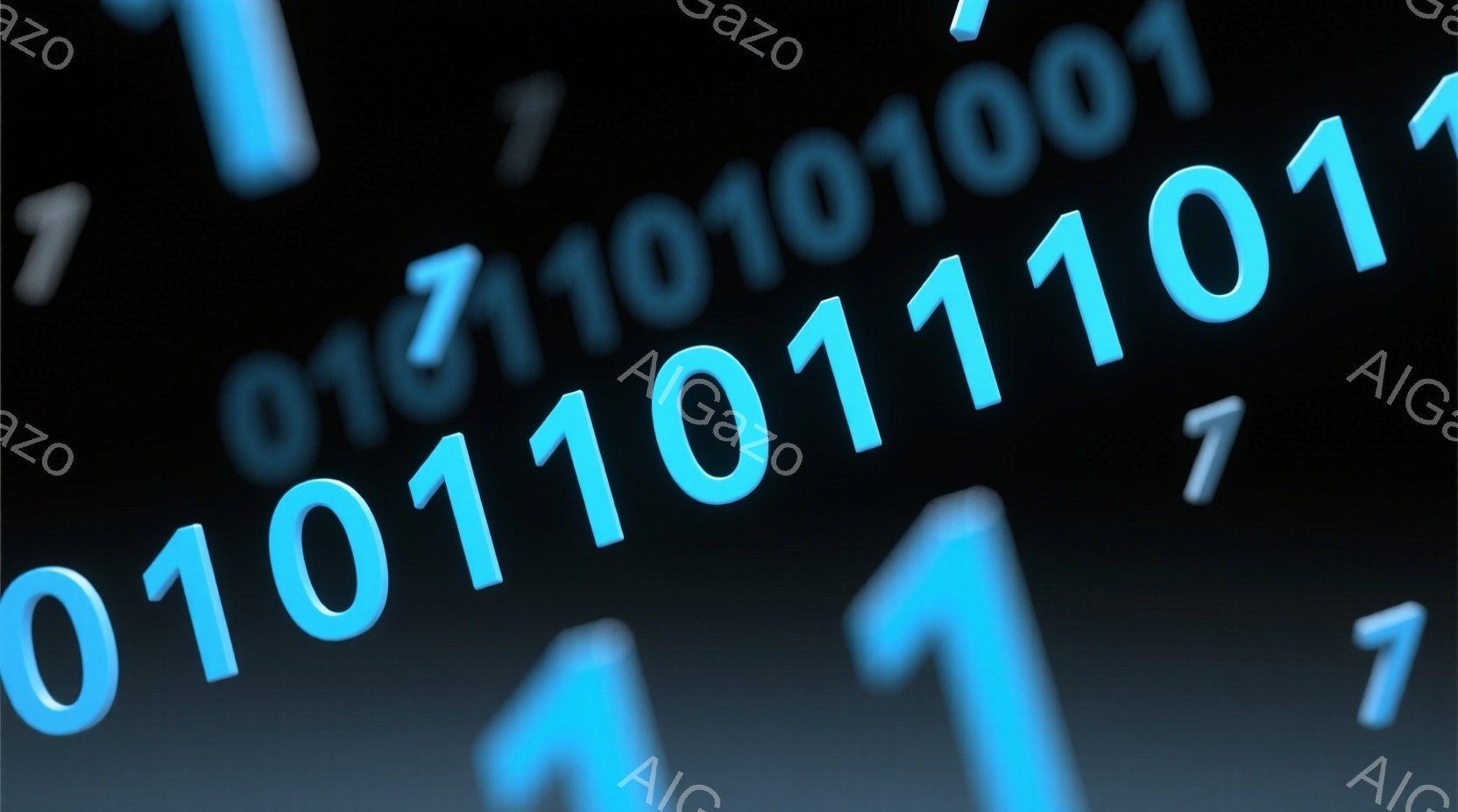 この画像は、暗い背景に浮かぶ青色のデジタルな「0」と「1」の数字で構成されています。それらは様々な方向を向き、マトリックスのような、またはバイナリコードを連想させる視覚効果を生み出しています。全体的に、技術的で未来的な雰囲気が漂っています。