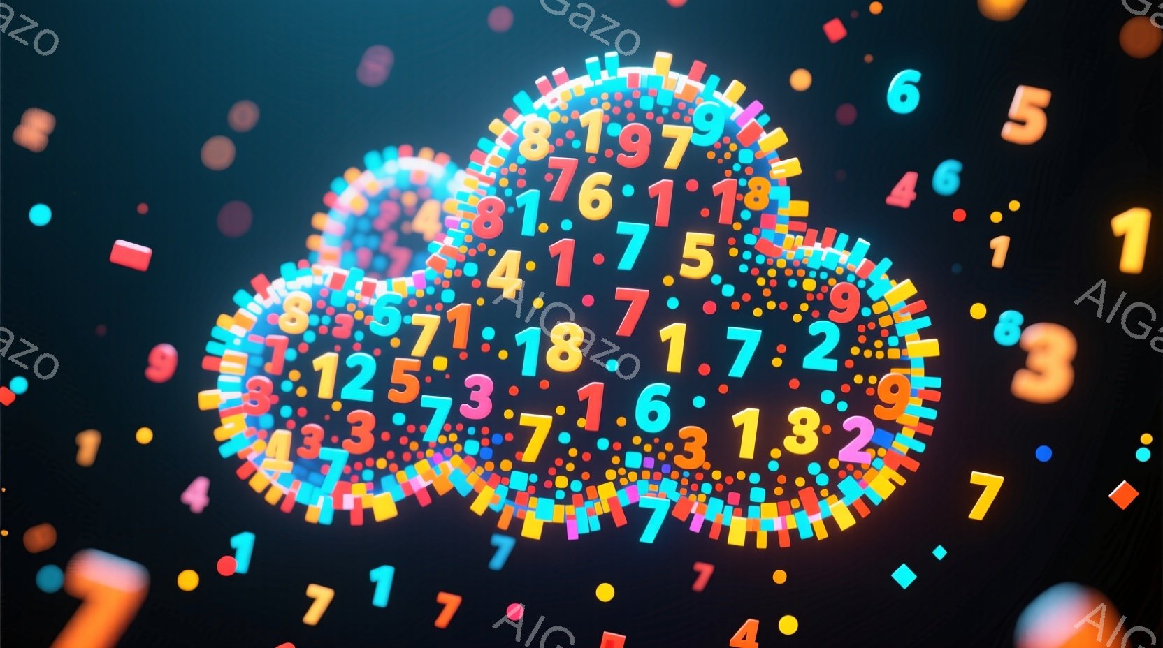 鮮やかな色の数字が、暗い背景に散りばめられています。中心には、様々な大きさの数字が円形に密集し、外側に向かって徐々に散らばるように配置されています。全体的に、数字が光り輝き、躍動感と未来的な雰囲気を醸し出しています。